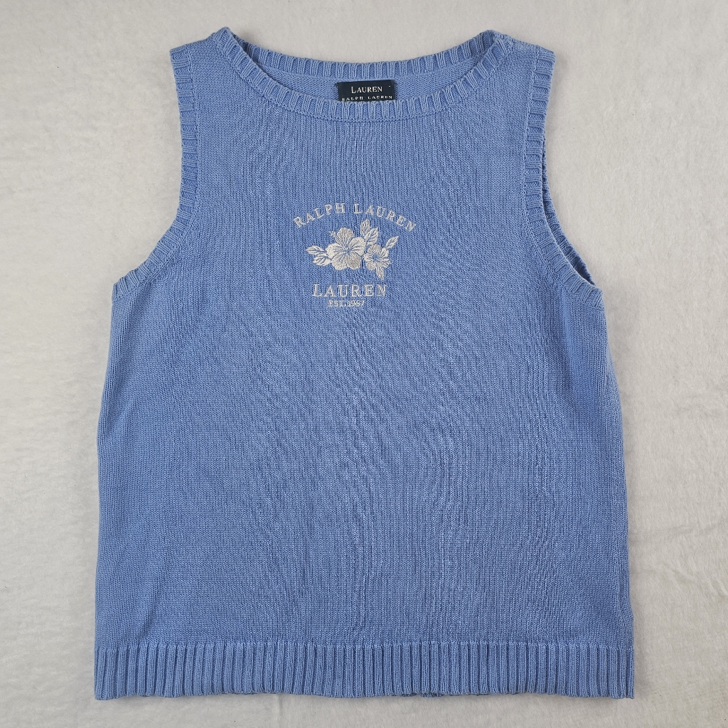 Vtg Ralph Lauren Blue Cotton Knit Embroidred Pullover Vest Rare & Vhtf Large
